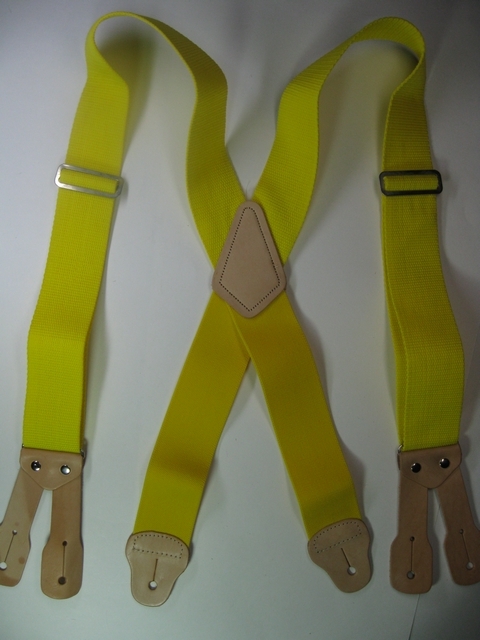 BUTTON ON CONSTRUCTION BASICS YELLOW Suspenders 2 inches long 48 inches long. Non elastic except Industrial Strength below X pattern on back two Leather attachments.   YA150N48YELL